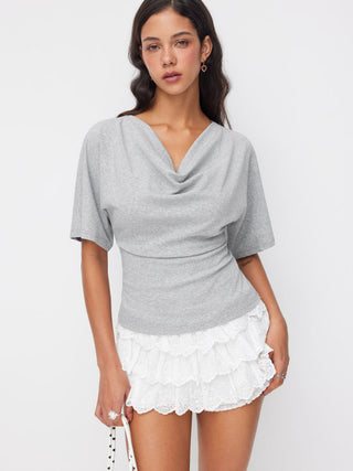 Cotton-blend Cowl Neck Short Sleeve Tee