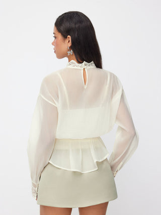 Chiffon Stand Collar Lace Panel Leg-of-mutton Sleeve Blouse