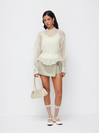 Chiffon Stand Collar Lace Panel Leg-of-mutton Sleeve Blouse