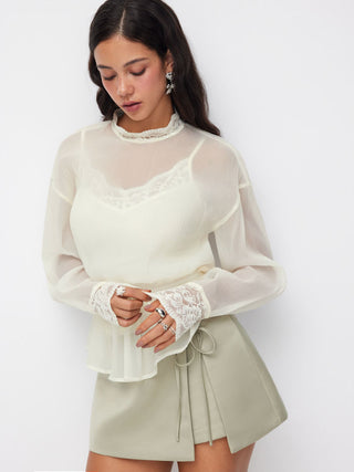 Chiffon Stand Collar Lace Panel Leg-of-mutton Sleeve Blouse