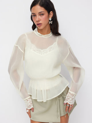 Chiffon Stand Collar Lace Panel Leg-of-mutton Sleeve Blouse