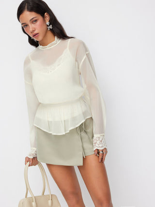 Chiffon Stand Collar Lace Panel Leg-of-mutton Sleeve Blouse
