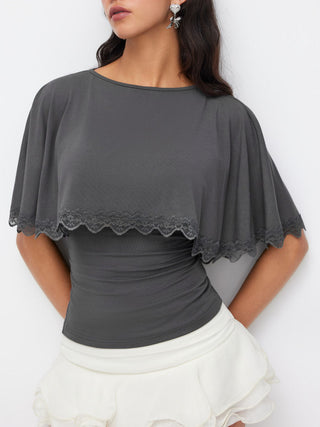 Boat Neck Cloak Sleeve Lace Trim Tie Back Top