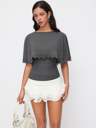 Boat Neck Cloak Sleeve Lace Trim Tie Back Top