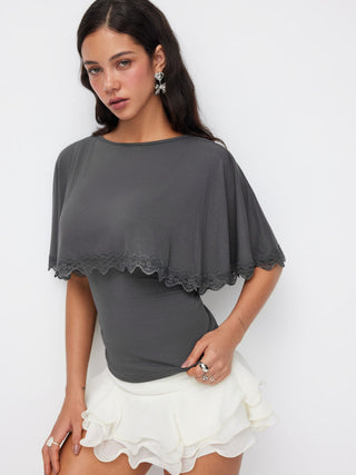 Boat Neck Cloak Sleeve Lace Trim Tie Back Top