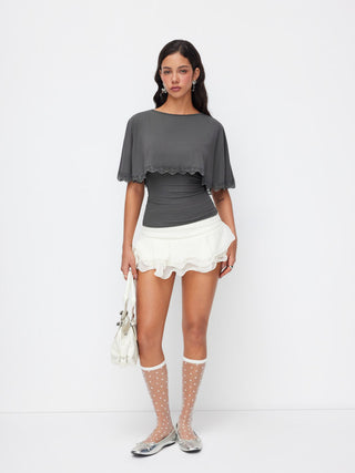 Boat Neck Cloak Sleeve Lace Trim Tie Back Top