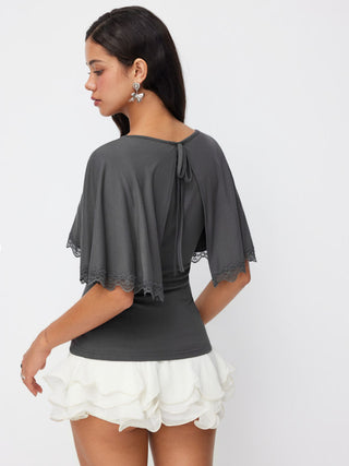 Boat Neck Cloak Sleeve Lace Trim Tie Back Top