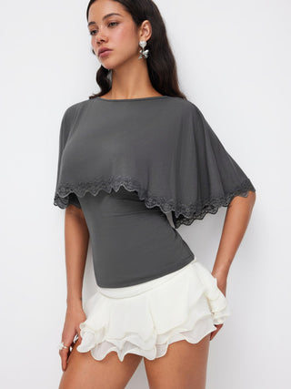 Boat Neck Cloak Sleeve Lace Trim Tie Back Top
