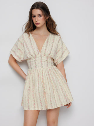 Cotton-Blend Ditsy Floral V-neck Dolman Sleeve Shirred Romper