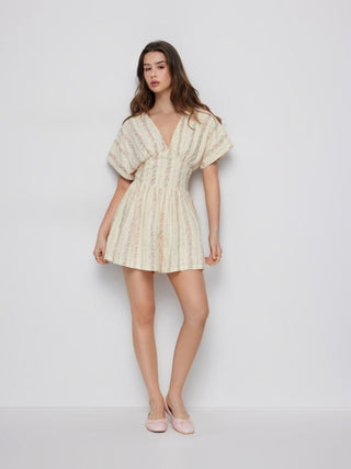 Cotton-Blend Ditsy Floral V-neck Dolman Sleeve Shirred Romper