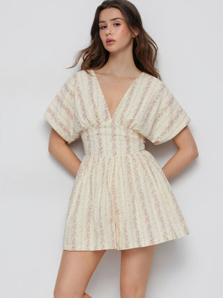 Cotton-Blend Ditsy Floral V-neck Dolman Sleeve Shirred Romper