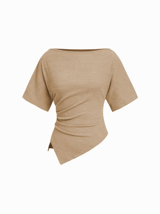 Textured Boat Neck Ruched Asymmetrical Hem Short Sleeve Tee
