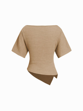 Textured Boat Neck Ruched Asymmetrical Hem Short Sleeve Tee