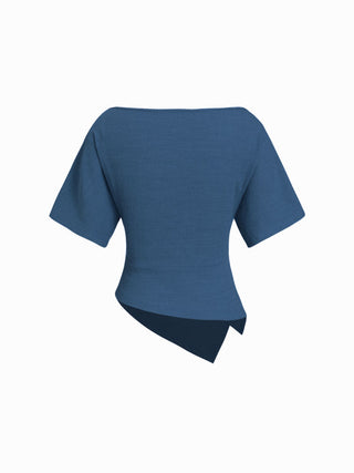 Textured Boat Neck Ruched Asymmetrical Hem Short Sleeve Tee