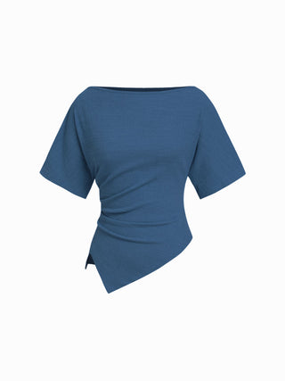 Textured Boat Neck Ruched Asymmetrical Hem Short Sleeve Tee