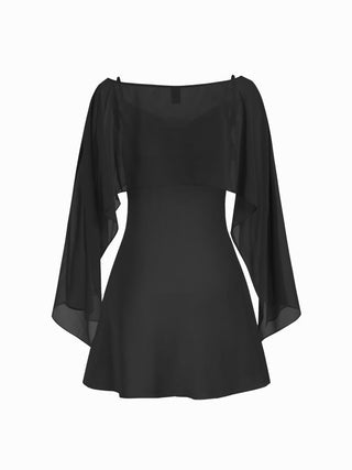 Sheer Boat Neck Cape Top & Satin High Rise Mini Dress Set