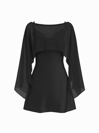 Sheer Boat Neck Cape Top & Satin High Rise Mini Dress Set