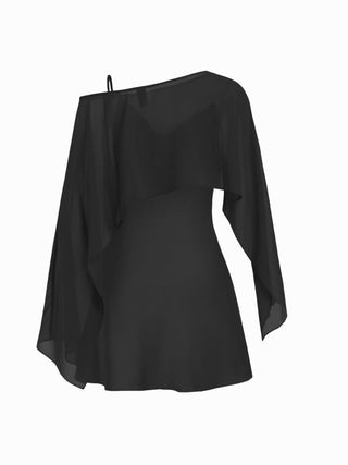 Sheer Boat Neck Cape Top & Satin High Rise Mini Dress Set