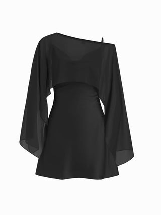 Sheer Boat Neck Cape Top & Satin High Rise Mini Dress Set