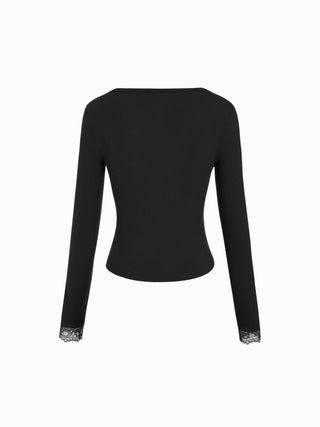Ribbed Scoop Neck Lace Trim Long Sleeve Top