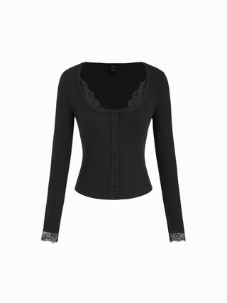 Ribbed Scoop Neck Lace Trim Long Sleeve Top