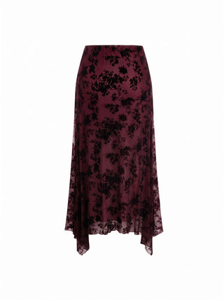 Mesh Mid Rise Floral Hanky Hem A-Line Midi Skirt