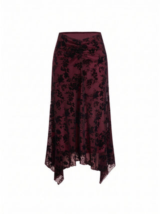 Mesh Mid Rise Floral Hanky Hem A-Line Midi Skirt