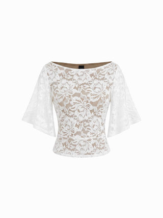 Lace Floral Boat Neck Bell Sleeve Lined Top