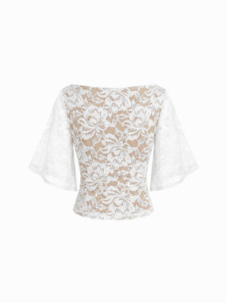Lace Floral Boat Neck Bell Sleeve Lined Top