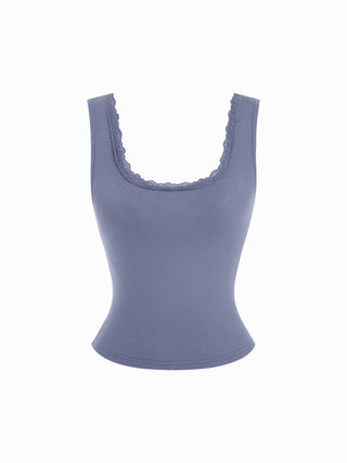 High Stretch Cotton-blend Scoop Neckline Lace Trim Tank Top
