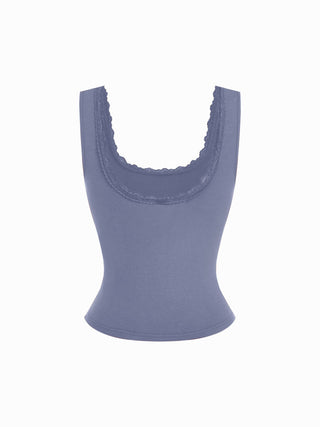 High Stretch Cotton-blend Scoop Neckline Lace Trim Tank Top