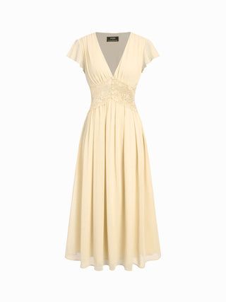 Chiffon V-neck Ruffle Sleeve Lace Detail Draped Flared Maxi Dress