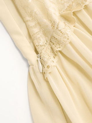 Chiffon V-neck Ruffle Sleeve Lace Detail Draped Flared Maxi Dress