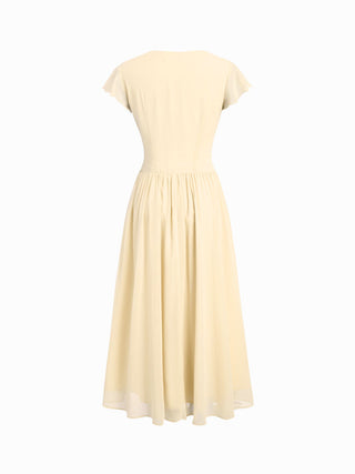 Chiffon V-neck Ruffle Sleeve Lace Detail Draped Flared Maxi Dress