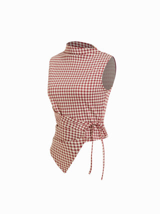 Gingham Stand Collar Asymmetrical Hem Ruched Knotted Top