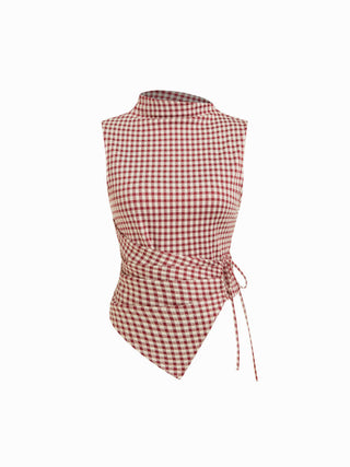 Gingham Stand Collar Asymmetrical Hem Ruched Knotted Top
