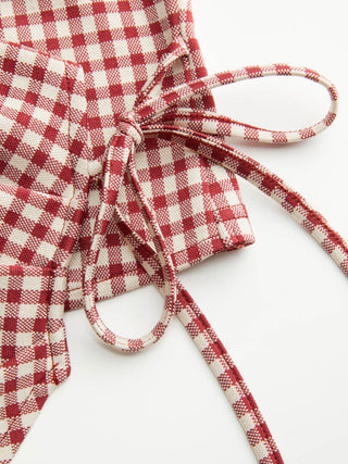 Gingham Stand Collar Asymmetrical Hem Ruched Knotted Top