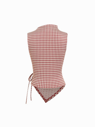 Gingham Stand Collar Asymmetrical Hem Ruched Knotted Top