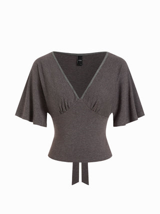 Lyocell-blend Striped V-neck Cloak Sleeve Ruched Tie Back Top
