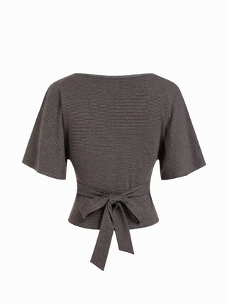 Lyocell-blend Striped V-neck Cloak Sleeve Ruched Tie Back Top