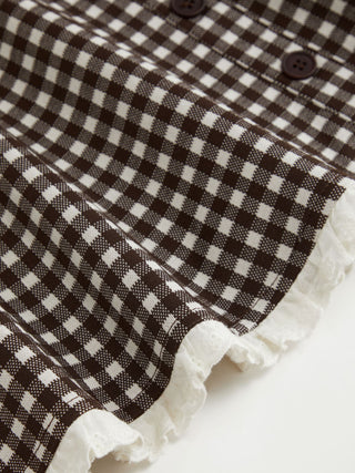 Gingham V-neck Short Sleeve Ruched Lace Trim A-line Mini Dress