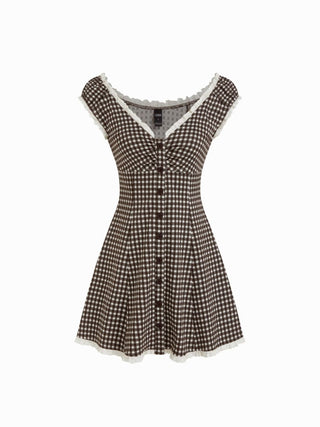 Gingham V-neck Short Sleeve Ruched Lace Trim A-line Mini Dress