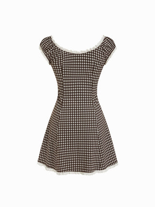 Gingham V-neck Short Sleeve Ruched Lace Trim A-line Mini Dress