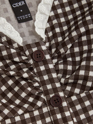 Gingham V-neck Short Sleeve Ruched Lace Trim A-line Mini Dress