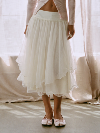 Mesh Mid Rise Ruffle Hem Layered Flared Midi Skirt