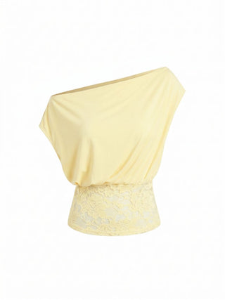 Asymmetrical Neck Floral Lace Ruched Top