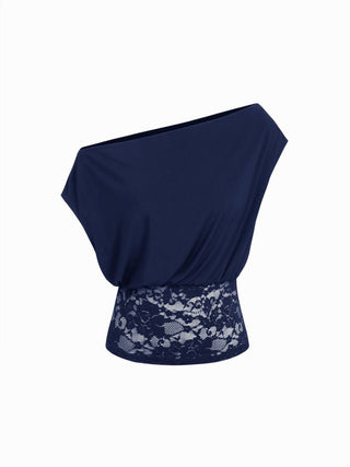 Asymmetrical Neck Floral Lace Ruched Top