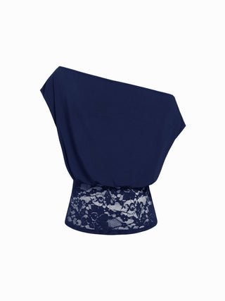 Asymmetrical Neck Floral Lace Ruched Top