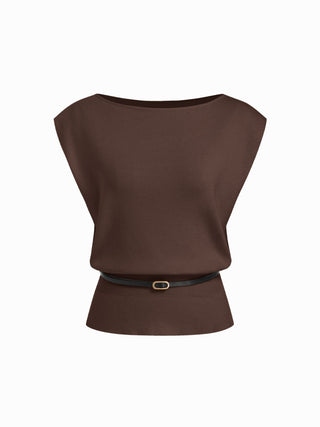 Knit Boat Neck Vest With Belt