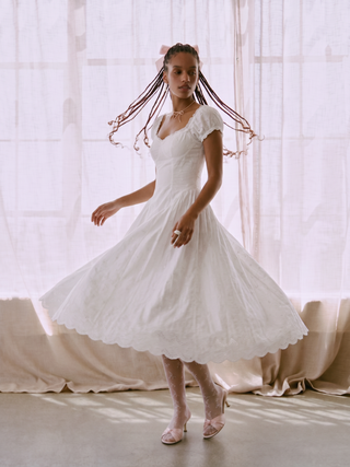 Cotton Broderie Anglaise Sweetheart Puff Sleeve Lace Up Maxi Dress